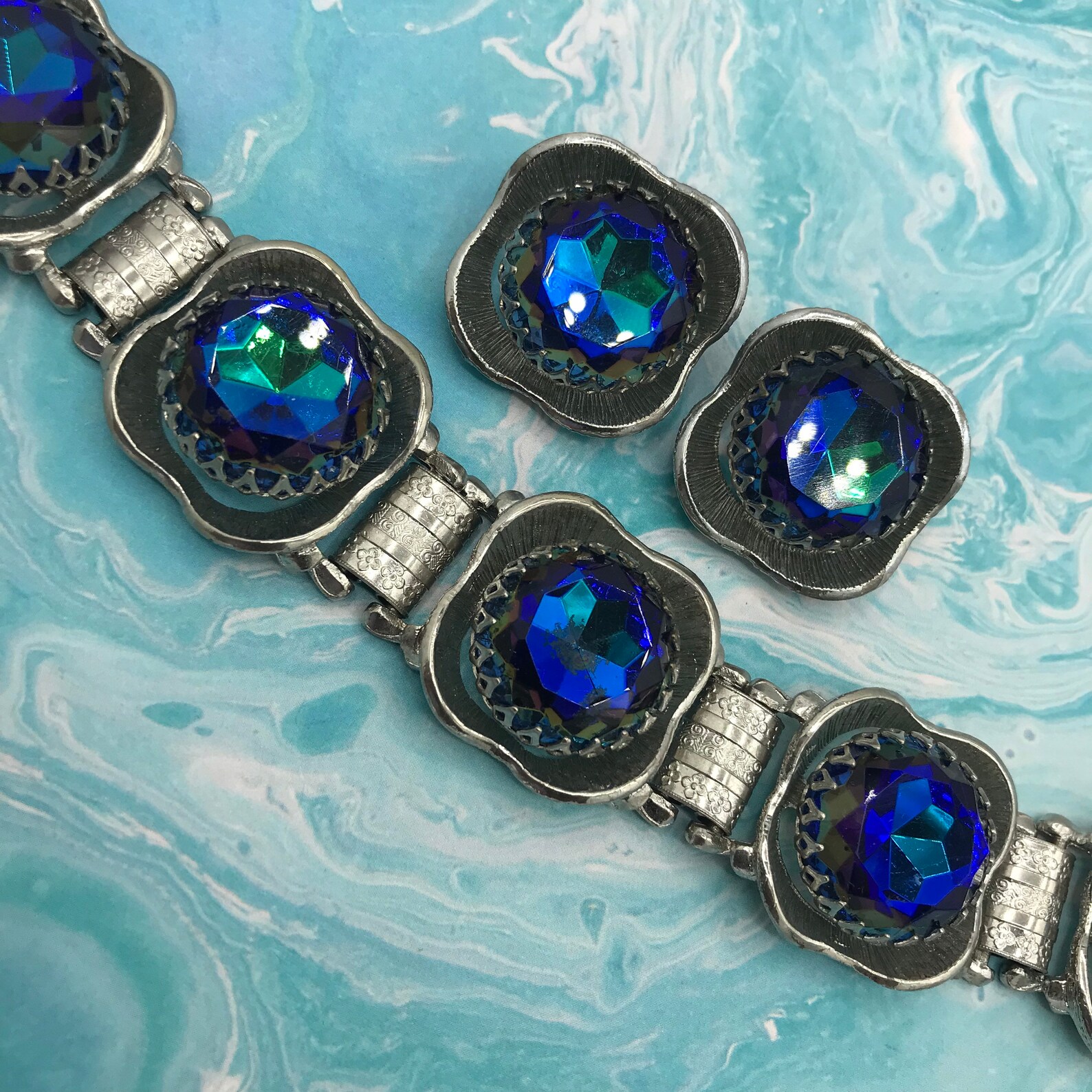 Simply Stunning Blue Heliotrope Rhinestone Bracelet Earring Jewelry Set ...