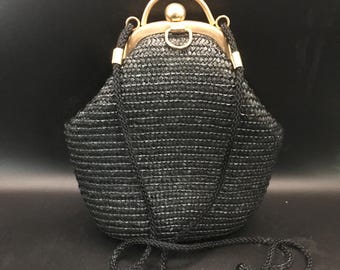 Vintage La Regale Black Wicker Purse, Retro Collectible Clutch, Vintage Crossbody Handbag, Retro Small Bag