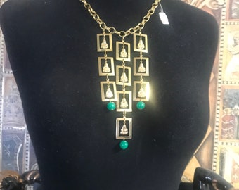 Vintage Buddha Necklace ** Green Beaded Statement Pendant Necklace * New Old Stock Jewelry