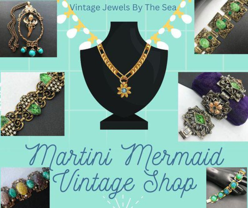 May include: A vintage jewelry shop called "Martini Mermaid Vintage Shop" with a variety of necklaces, bracelets, and earrings featuring green and blue gemstones. The shop's name is written in a decorative font.