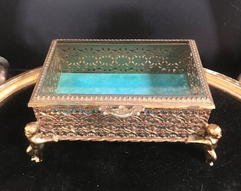 Vintage Jewelry Box, Ornate Filigree Aqua Velvet Box, 1960's Vanity Display, 1950's Home Decor Cherub Angel StyleCraft Style Box