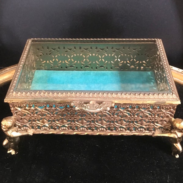 Vintage Jewelry Box, Ornate Filigree Aqua Velvet Box, 1960's Vanity Display, 1950's Home Decor Cherub Angel StyleCraft Style Box