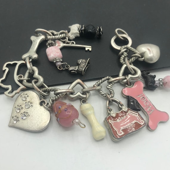 Vintage Dog Charm Bracelet, Bone Heart Key Rhines… - image 1