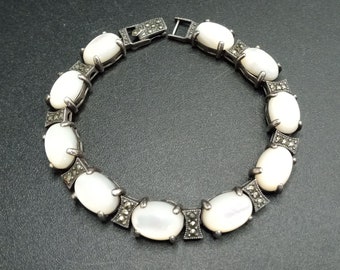 Sterling Silver Vintage Mother Of Pear Shell &l Marcasite Bracelet, 1950's 1960's Jewelry. gift for jewelry lover, 8-inch bracelet