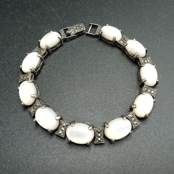 Sterling Silver Vintage Mother Of Pear Shell &l Marcasite Bracelet, 1950's 1960's Jewelry. gift for jewelry lover, 8-inch bracelet