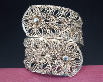 Vintage Wide Floral Gold tone Clamper Bracelet 1950&#39;s 1960&#39;s Jewelry