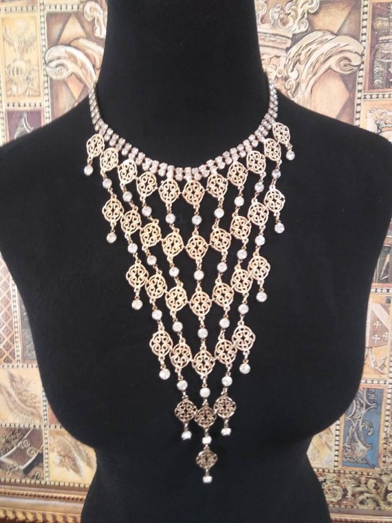 Vintage rhinestone bib statement necklace, vintag… - image 2