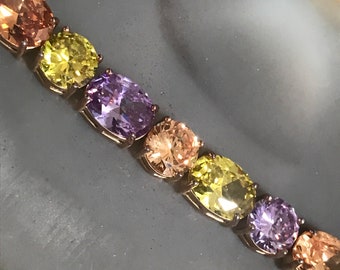 Rhinestone Bracelet, Vintage Purple Yellow Glass Bracelet, Retro High End Collectible Jewelry, Gift Idea For He