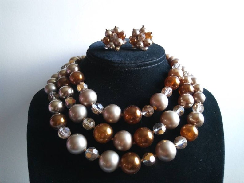 Lovely Brown Lucite /& Crystal Glass Vintage 3 Strand Necklace Beaded Earrings 1950/'s Old Hollywood Glam Collectible Mad Men Jewelry