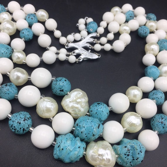 Vintage aqua and white triple strand signed Japan… - image 2