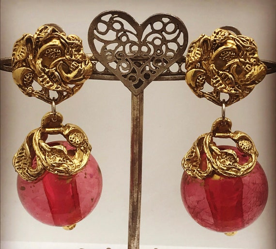 Vintage Dangle Drop Pink Lucite Earrings, High En… - image 4
