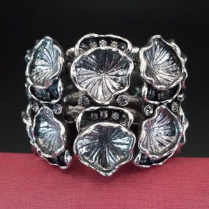 Vintage Rhinestone Leaf Flower Chunky Wide Cuff Bracelet