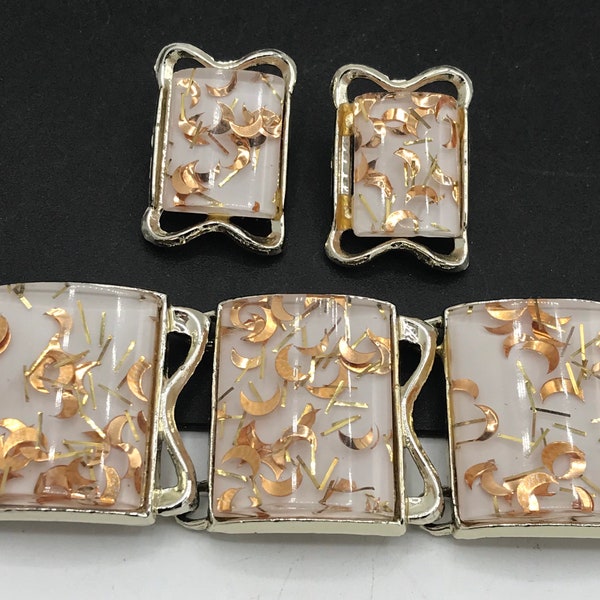 PAM Vintage Parure Gold & White Lucite Confetti Designer Signed 1950's Collectible Rockabilly Jewelry Bracelet Earring Set