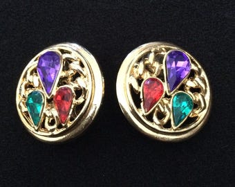 Boucles D'oreilles à Clips Vintage Années 80 - Fleurs Strass Multicolore - Occasion