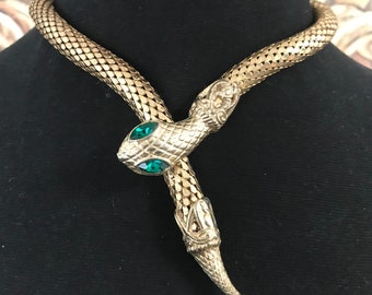 1970s Snake, Choker Necklace, green rhinestone eyes, gold tone metal, mesh snake, snake necklace, snake choker, Vintage Reptile Jewelry