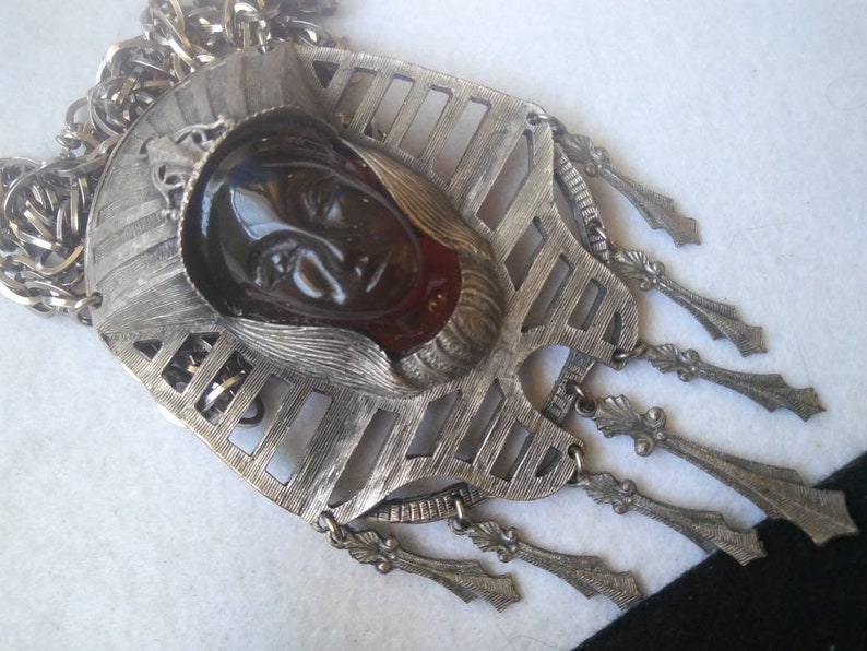 Egyptian Revival faux Amber silvertone metal large pendant mid-century necklace
