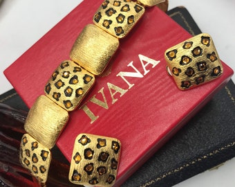 IVANA Vintage Leopard Rhinestone Bracelet Earring Set Chunky Wide Crystal High End Hard To Find Rare Jewelry Old Hollywood Glamour 1980's
