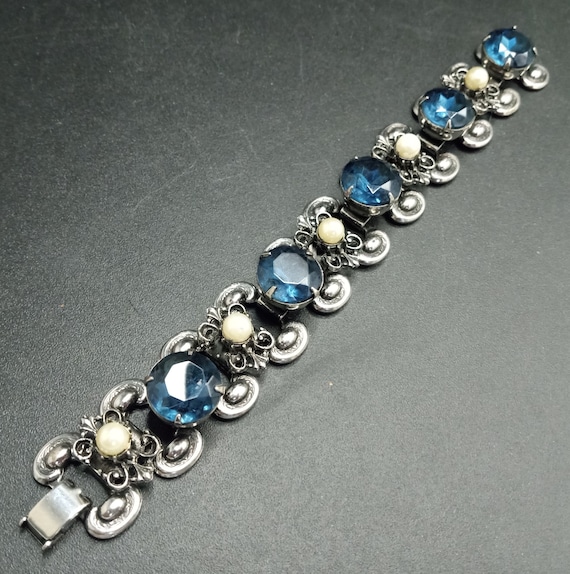 Vintage Blue Rhinestone Chunky Book Chain Bracelet