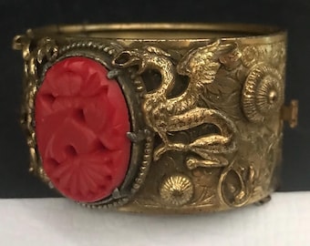 Vintage Red Cinnabar Gold Tone Metal Griffin Clamper Bracelet, 1940's 1950's Collectible Jewelry