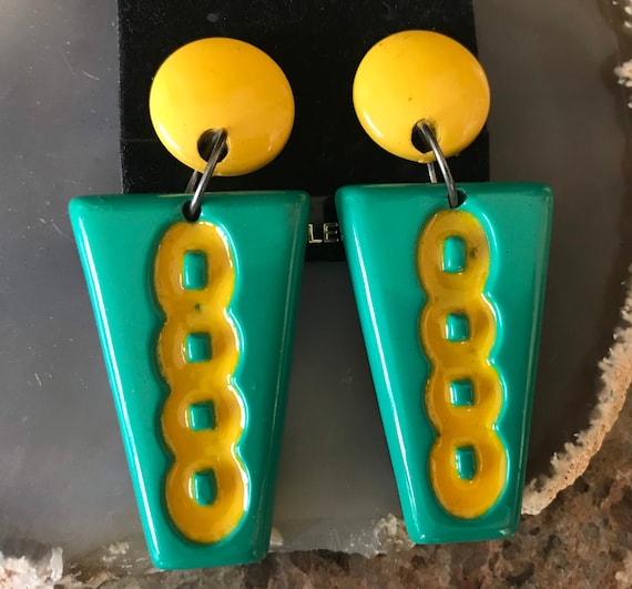 Large yellow green dangle earrings, 1960s 1970s c… - image 1