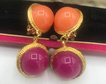 Vintage Pink Purple Dangle Drop Earrings ** 1980's Retro Rockabilly Accessories ** Mad Men Mod Old Hollywood Glam Jewelry