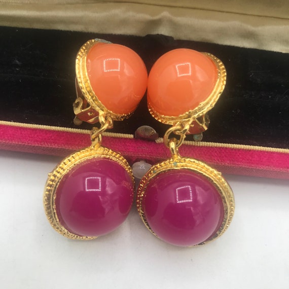 Vintage Pink Purple Dangle Drop Earrings ** 1980'… - image 1