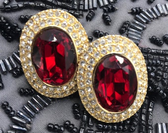 Vintage Red Rhinestone Earrings, 1980&#39;s Black Tie Formal Hollywood Regency Glamour Girl Style Jewelry