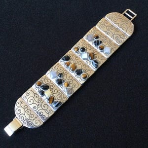 Brighton Vintage Designer Signerad Äkta Sten Cabochon Silvertonad Panelarmband bild 3