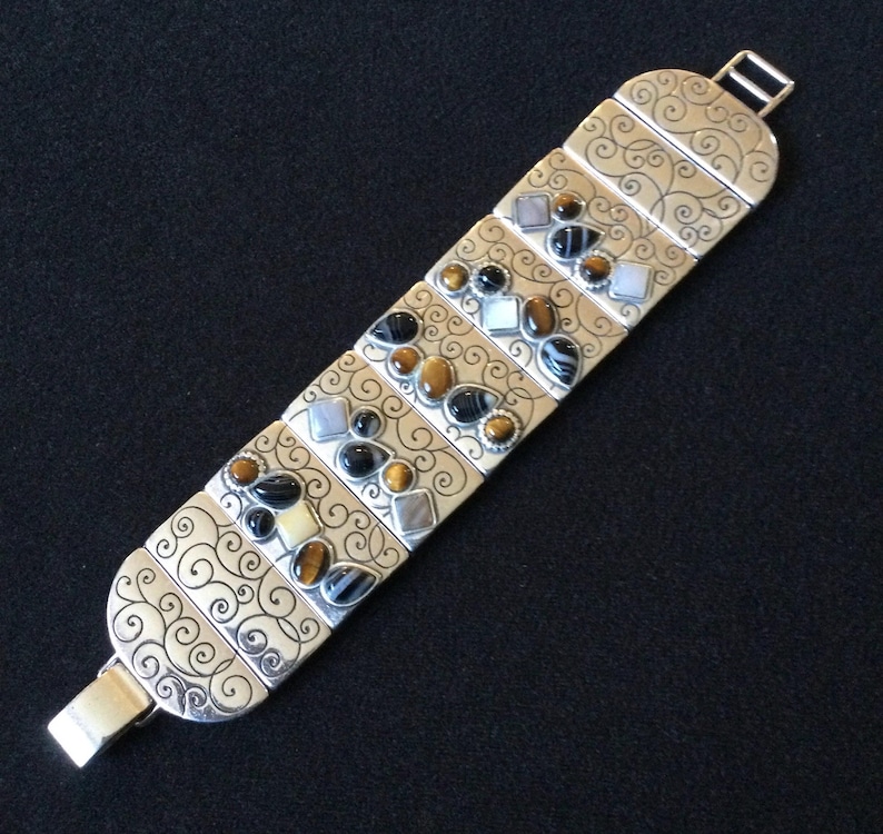 Brighton Vintage Designer Signerad Äkta Sten Cabochon Silvertonad Panelarmband bild 3