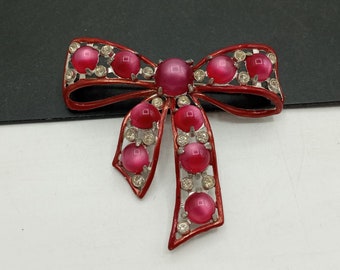 Vintage Pink Rhinestone Moonglow Bow Tie Brooch Pin New Old Stock 1980's