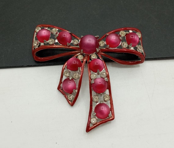 Vintage Pink Rhinestone Moonglow Bow Tie Brooch P… - image 1
