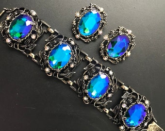 Designer Jewelry Set, Blue Rhinestone Bracelet Earring 1950's Collectibles, Vintage Demi Parure, Old Hollywood Glam, High End Jewelry