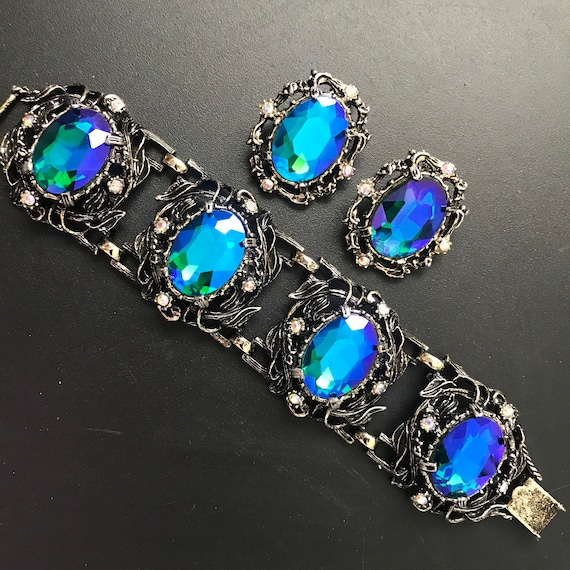 Designer Jewelry Set, Blue Rhinestone Bracelet Ea… - image 1