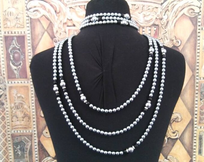Vintage gray beaded rhinestone rondelle necklace