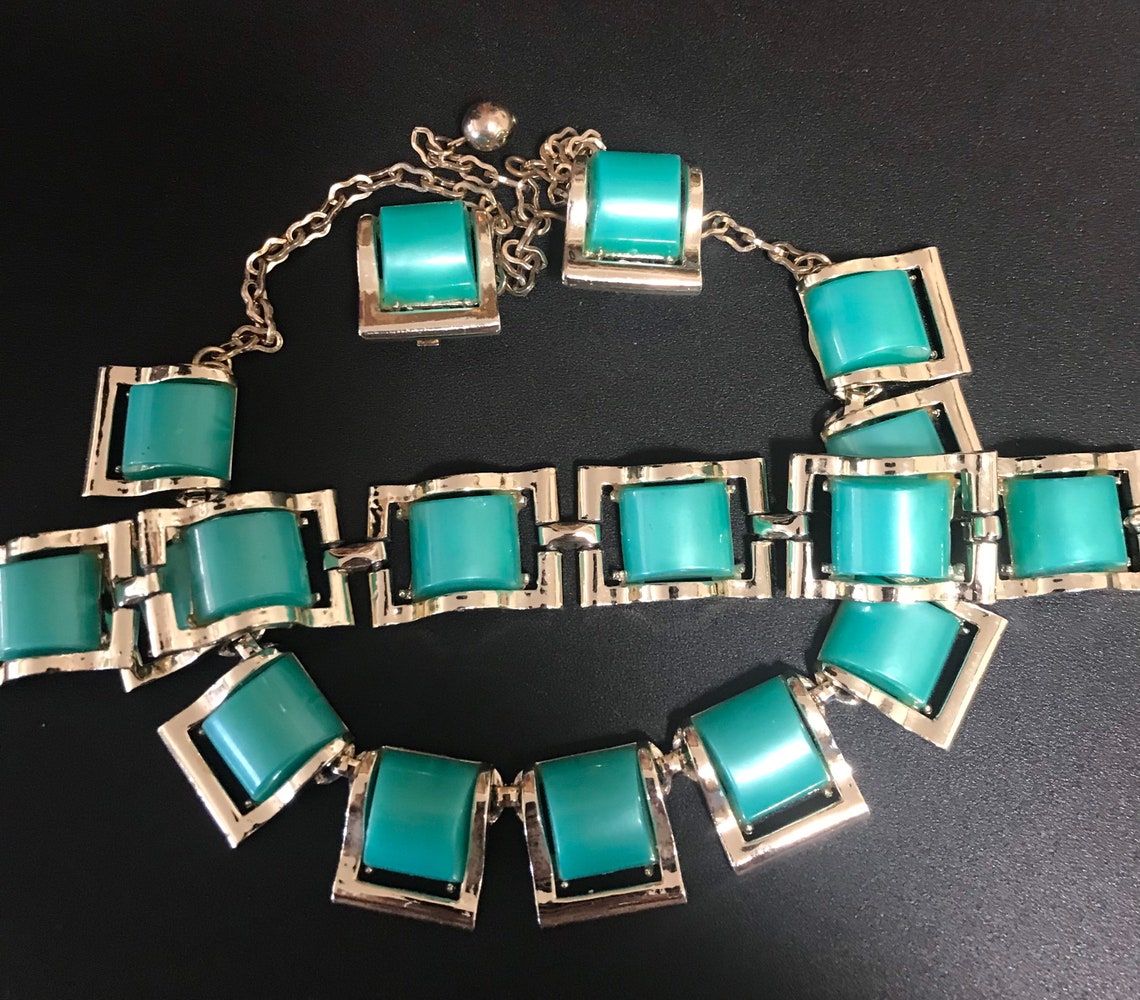 Vintage Teal Green Jewelry Set Necklace Bracelet & Earring Etsy