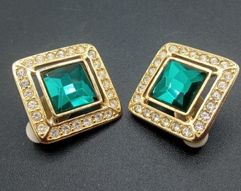 Parklane Vintage Designer Signed Green Rhinestone Clip On Earrings 1970's 1980's