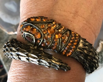 Vintage rhinestone snake reptile dark gold tone metal clamper bangle bracelet