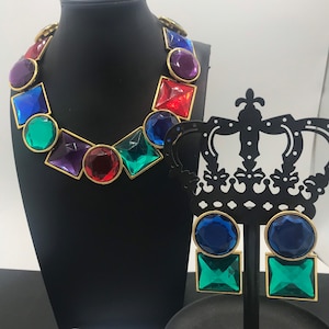 Mogul Rhinestone Stunning Necklace Earring Set, Vintage Moghul Demi, Retro Jewelry Set, Moghul Necklace Dangle Earrings 1980's 1990's Mughal image 1
