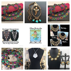 May include: A collage of vintage jewelry pieces, including necklaces, bracelets, and earrings. The jewelry features colorful gemstones and ornate designs. One image displays a sign that reads "Vintage Jewelry Shop Martini Mermaid".