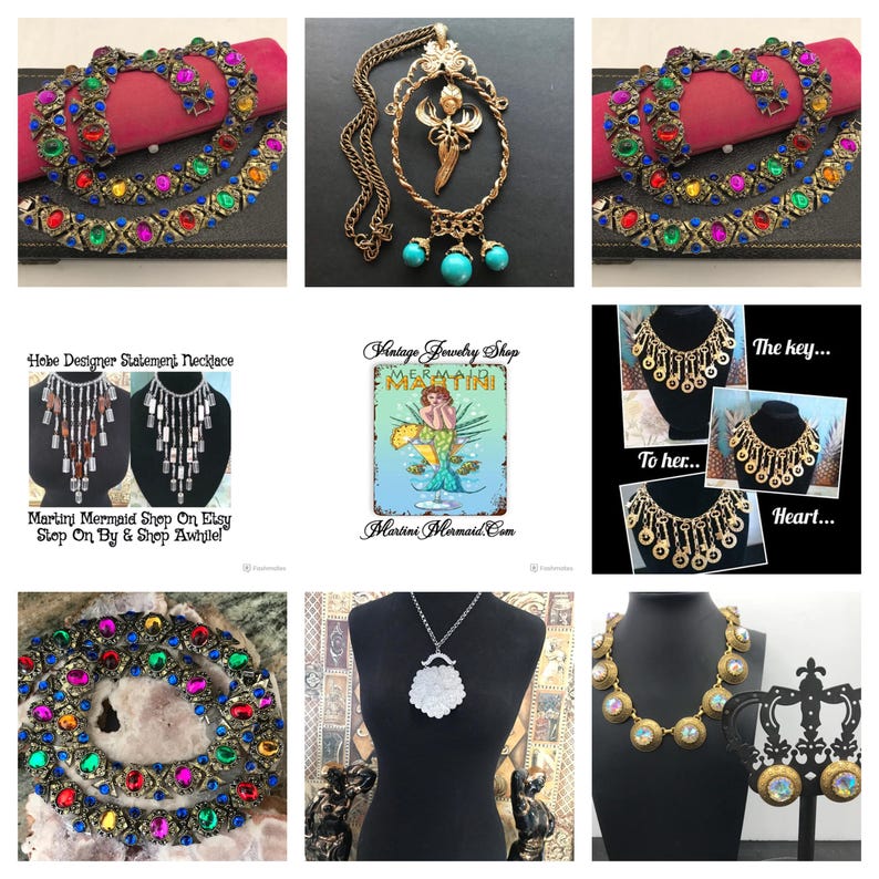 May include: A collage of vintage jewelry pieces, including necklaces, bracelets, and earrings. The jewelry features colorful gemstones and ornate designs. One image displays a sign that reads "Vintage Jewelry Shop Martini Mermaid".