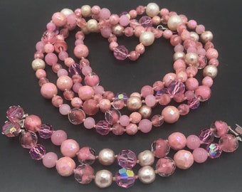 Vintage Pink Glass Necklace Bracelet Set * Demi Parure Collectible Costume Mid Century Jewelry 1950s 1960s