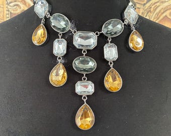 Vintage Rhinestone Bib Statement Necklace, Huge Runway Necklace, Theater Costume Jewelry Prop Collectible Gift For Her, Vintage Gift Idea