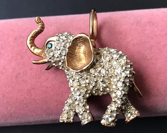 Vintage Rhinestone Elephant Pendant Brooch Pin