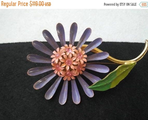 Vintage pink rhinestone purple enamel metal 1960s