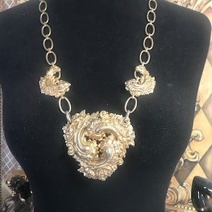 Vintage gold tone ornate metal statement pendant necklace, retro collectible costume jewelry