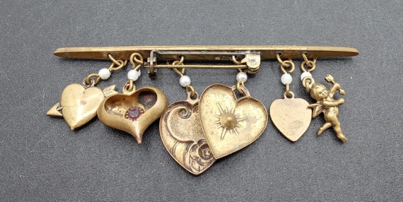 Antique Hearts Cherub Dangle Bar Brooch Pin - image 4