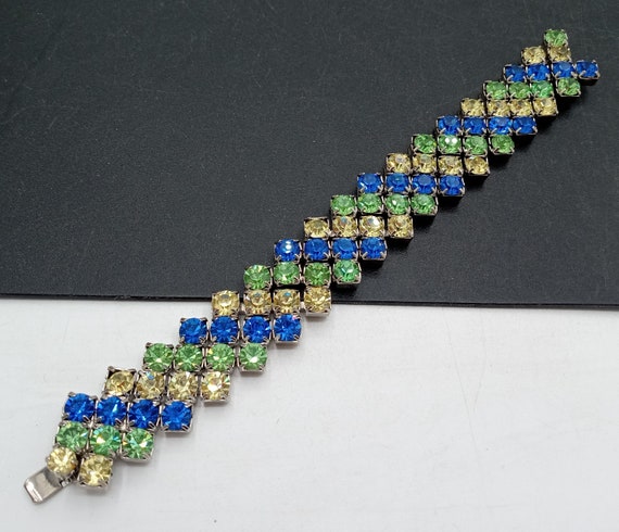 Vintage Blue & Green Rhinestone Bracelet New Old … - image 5