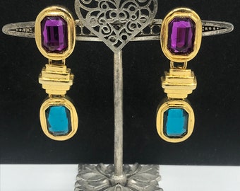 Vintage Dangle Drop Blue & Purple Glass Earrings, High End Statement Jewelry