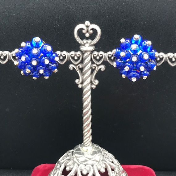 Vintage Blue Glass & Rhinestone Clip on Earrings,… - image 1
