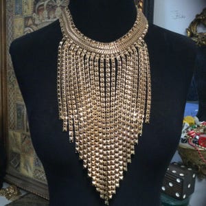 Vintage Gold tone Metal Statement Necklace, Runway Jewelry, Couture Fashion Accessories, Vintage Gift for Jewelry Lover